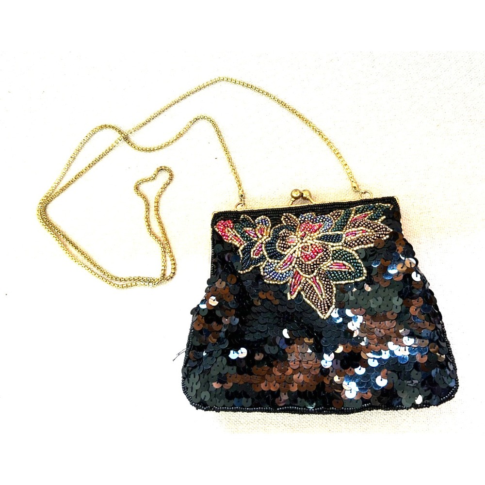 Vintage Regale Black Sequin Intricate Beaded Evening Clutch Floral Kiss Lock 7x6